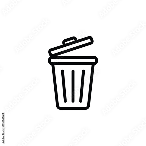 Simple black and white line drawing of a wastebasket with an open lid