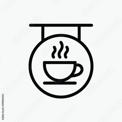 Simple black and white icon of a steaming cup within a circular frame