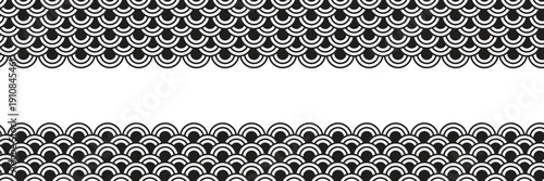  Top and bottom borders with traditional Japanese Seigaiha pattern and space for text. black and white sea or ocean waves print. fish squama or dragon scale. vector graphic illustration.