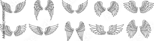 Stylized wing vector illustration set, decorative feather artwork collection, abstract angel bird designs, creative tattoo motif, symmetrical fantasy pattern