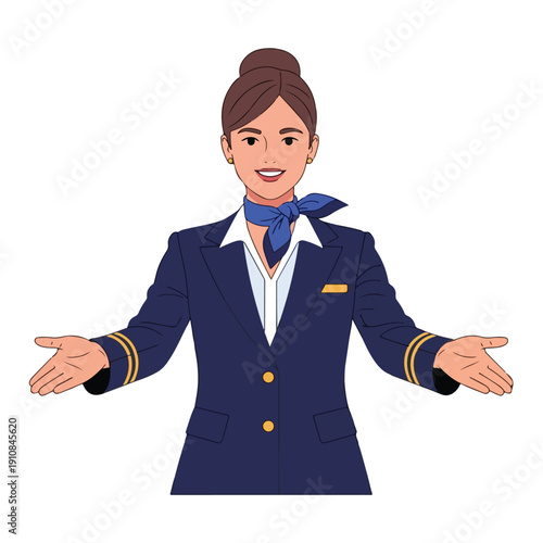 A cheerful female flight attendant in a blue uniform with a cartoon style, standing with open arms against a clean white background.