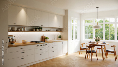 Foto Modern kitchen and dining area with white cabinets and large window