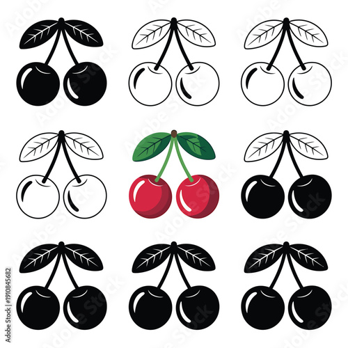 Arrangement of cherry illustrations in varying colors and styles