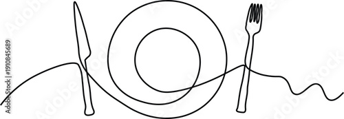  Fork knife plate icon set top view vector one line continuous drawing illustratio Hand drawn linear silhouette