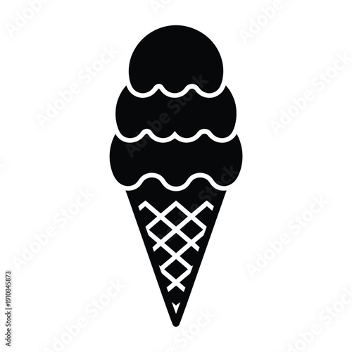 Simple black and white illustration of a classic two scoop ice cream cone