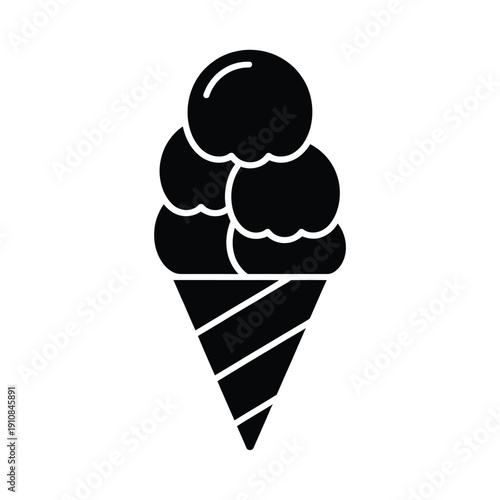 Simple black and white illustration of a three scoop ice cream cone