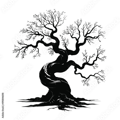 A stark black silhouette of a uniquely shaped bare tree