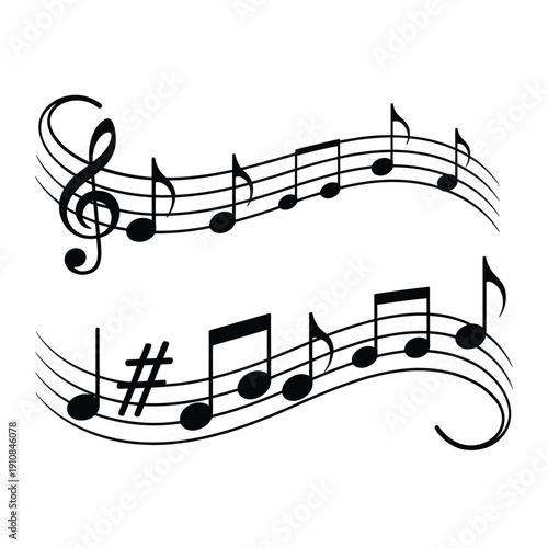 Black musical notes and clef floating on a white background