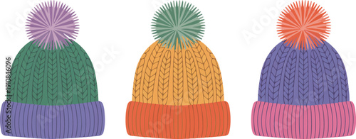 Colorful Winter Beanies with Pom Poms  Knitted Hats Vector Collection