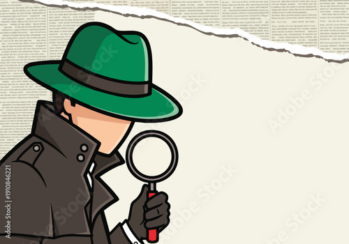 Detective with Magnifying Glass. Mystery Investigator. Cartoon Style. Paper Texture. Concept.