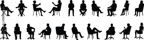 Flat vector silhouettes of diverse individuals seated in various chairs representing posture, ergonomics, communication, diversity, workplace, design, and human interaction