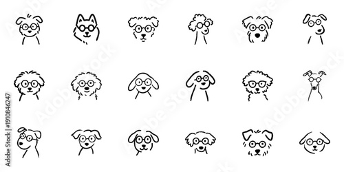 Dog Faces With Glasses Line Icon Set In Doodle Style. Canine Character Illustrations With Eyewear Outline Sketch Collection. Playful Pet Portraits. Hand Drawn Isolated Vector Illustration