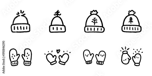 Winter Hat And Mittens Line Icon Set In Doodle Style. Cozy Winter Accessories And Seasonal Warmth Outline Sketch Collection. Hand Drawn Isolated Vector Illustration