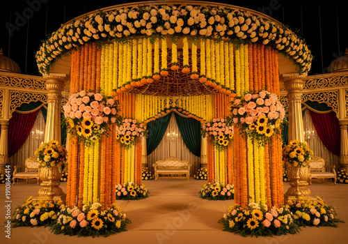 Grand Wedding Stage with Luxurious Marigold and Rose Decor 