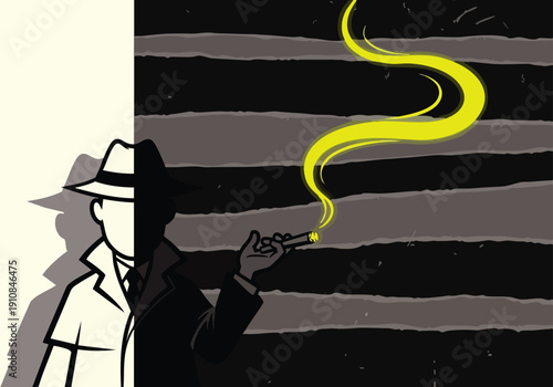 Detective Smoking Cigar. Noir Detective. Vintage Style. Dramatic Lighting. Mystery Concept.