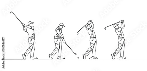 One single line drawing of young sporty golf player hit the ball. One continuous line art drawing of golf swing