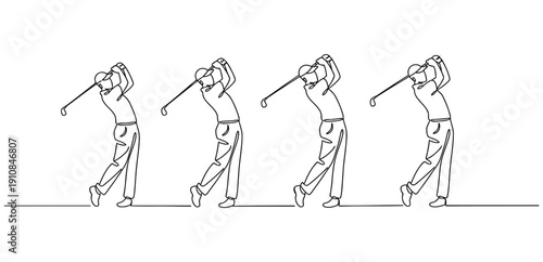One single line drawing of young sporty golf player hit the ball. One continuous line art drawing of golf swing
