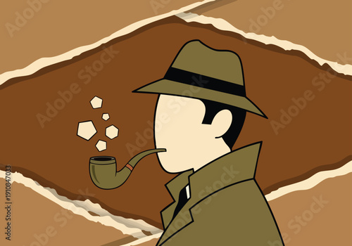 Detective Smoking Pipe. Vintage Detective. Cartoon Style. Textured Background. Concept.