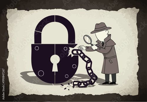 Detective Investigating Broken Lock and Chain. Security Breach Concept.