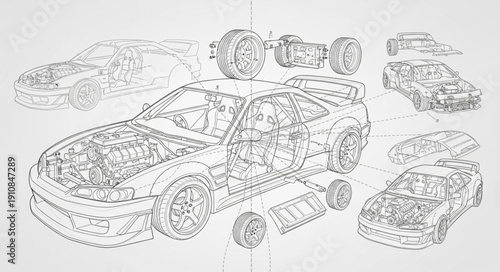Sports Car Parts Assembly Line Illustration.