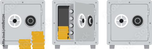 Bank safe vault vector set with open and closed metal security safes and gold bars isolated on white background for finance protection