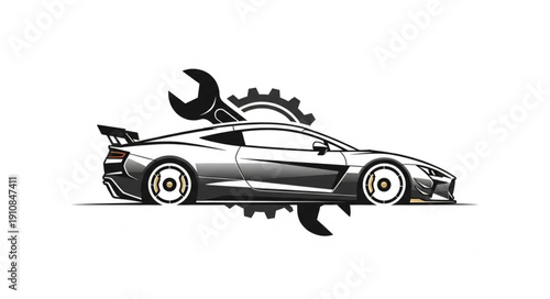 Sports Car Repair Service Icon with Wrench and Gear.