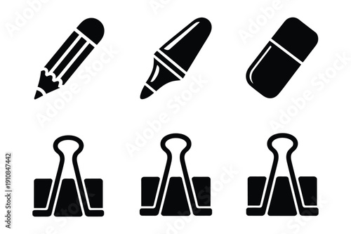 School and Office Supplies Icons: Pencil, Marker, Eraser, Binder Clips