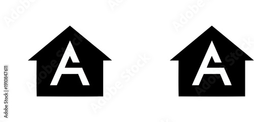 Minimal abstract vector illustration with two black house icons featuring integrated stylized “A” letters, triangular cutouts, and geometric roofs, symbolizing modern property branding.