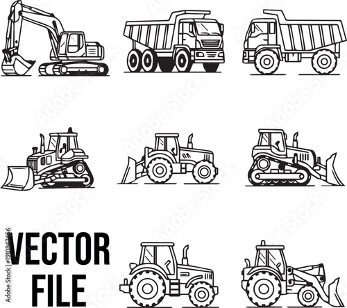 Set of tractors and trucks vector illustration with construction and farm vehicles icons.