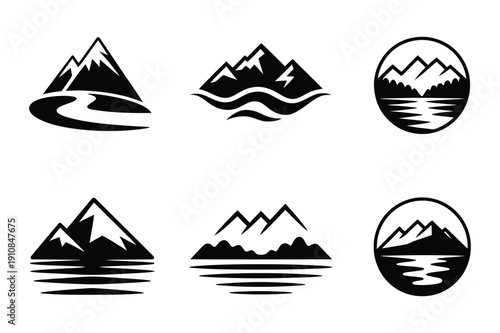 Mountain and Landscape Icons: Peaks, Rivers, and Water Scenes