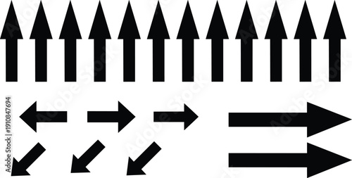 Black arrow icon vector set showing multiple directions including up down left and right arrows isolated on white background for navigation design