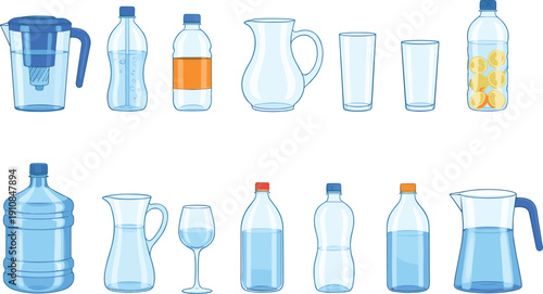 Pure Drinking Water Vector Set Featuring Plastic Bottles, Glass Pitchers, Filter Jugs, and Water Glasses for Health, Fitness, and Hydration Lifestyle Designs