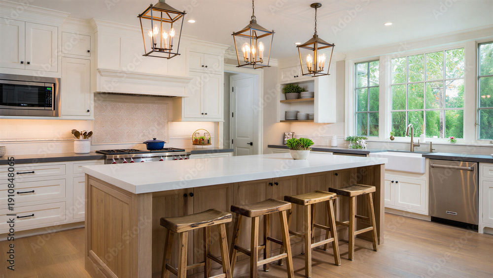 Fototapeta premium Modern kitchen with island and pendant lights in a bright and airy home interior design