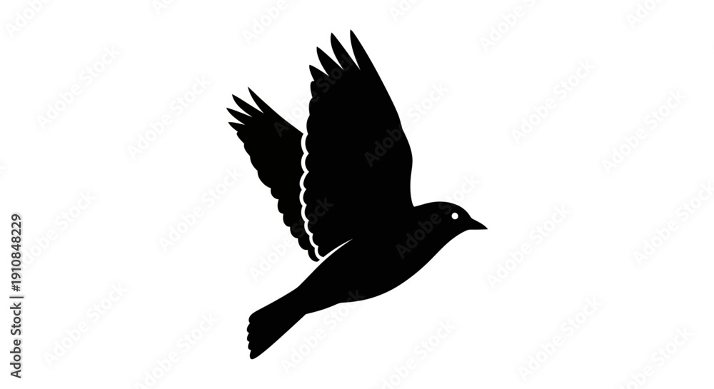 Fototapeta premium Silhouette of a Black Bird in Flight Symbolizing Freedom and Movement on White Background