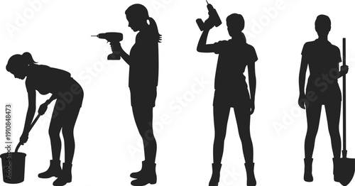 Female construction worker silhouettes with drill and shovel, professional women isolated on white background