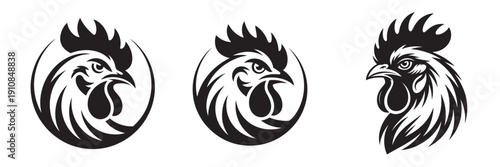 Bold Black and White Rooster Head Emblem Illustrations for Branding.
