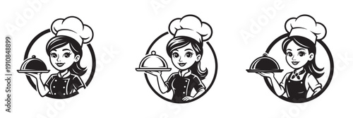 Cartoon female chef in uniform holding a serving dome ready to serve delicious food.