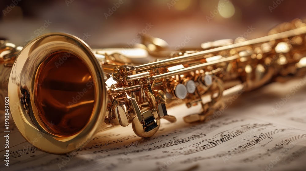 Naklejka premium Golden saxophone resting on musical sheet