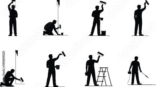 Painter silhouettes with roller and bucket, professional painting workers isolated on white background