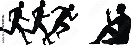 Running human silhouette sequence showing physical activity progress fitness motivation exercise transformation and mental reflection concept, isolated black figures