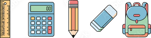 School stationery illustration set with ruler, calculator, pencil, eraser, and backpack representing education, learning tools, and classroom study concept
