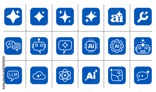 A comprehensive set of 18 modern vector icons representing Artificial Intelligence