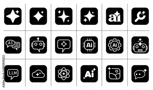A comprehensive set of 18 modern vector icons representing Artificial Intelligence