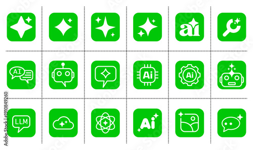 A comprehensive set of 18 modern vector icons representing Artificial Intelligence