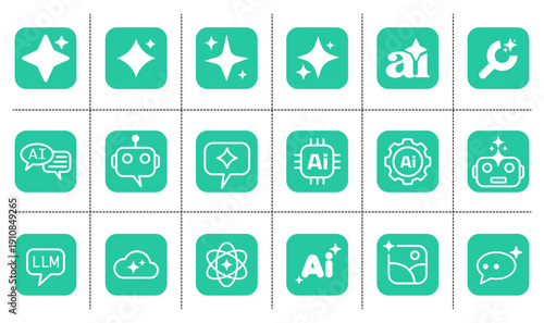 A comprehensive set of 18 modern vector icons representing Artificial Intelligence