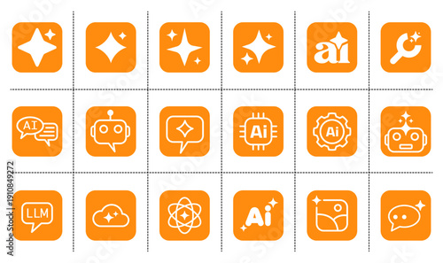 A comprehensive set of 18 modern vector icons representing Artificial Intelligence