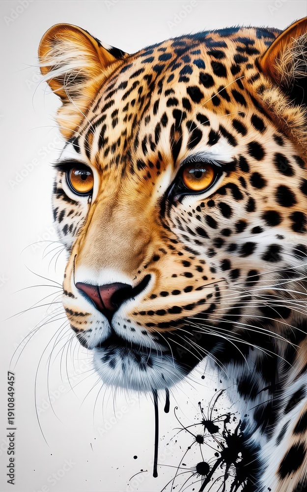 Obraz premium Artistic portrayal of a leopard with ink splatter effect.