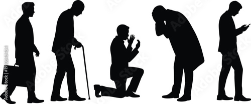 Business men silhouettes showing different emotions and actions, people isolated on white background