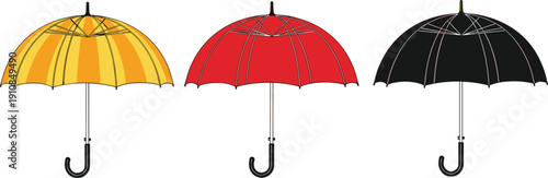 Colorful umbrella set vector illustration yellow red and black rain protection symbols isolated on white background for weather safety design