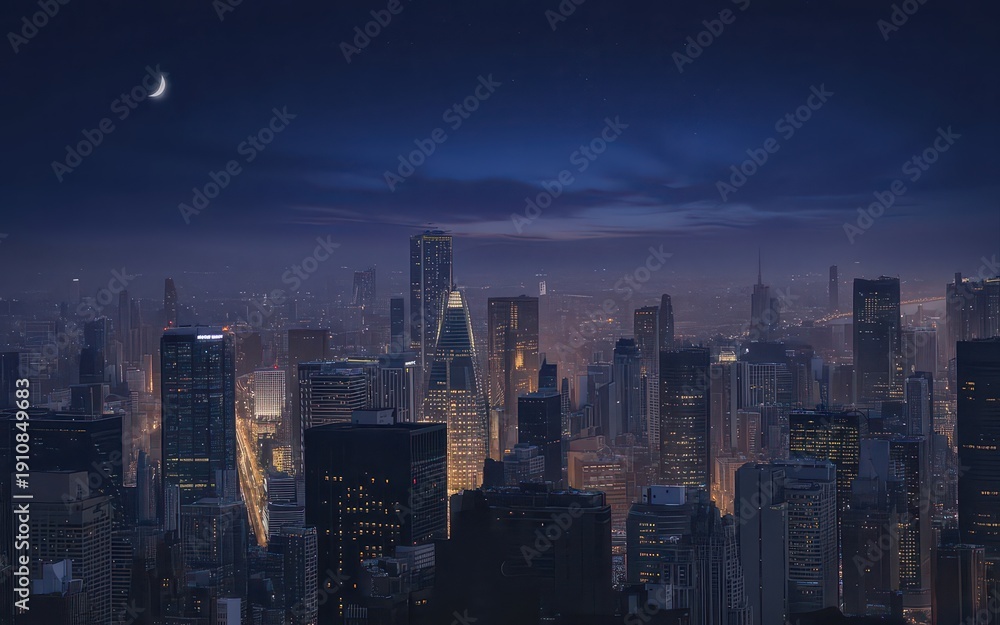 Obraz premium Nighttime city skyline with crescent moon.